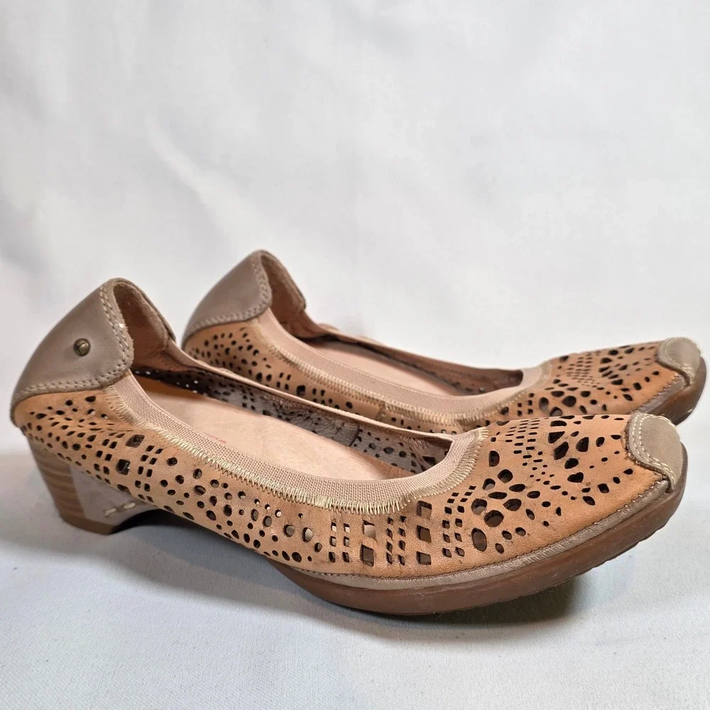 Pikolinos Tan Leather Pumps Womens 37 US 7 Laser Cut Square Toe Slip On Boho